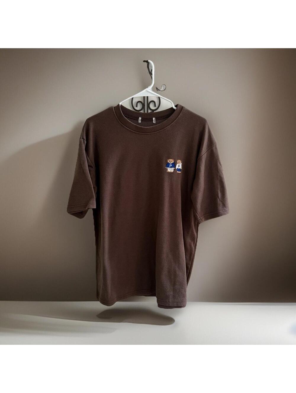 Twinlook Bear Embroidered Korean Streetwear T Shirt Brown Oversized Medium
